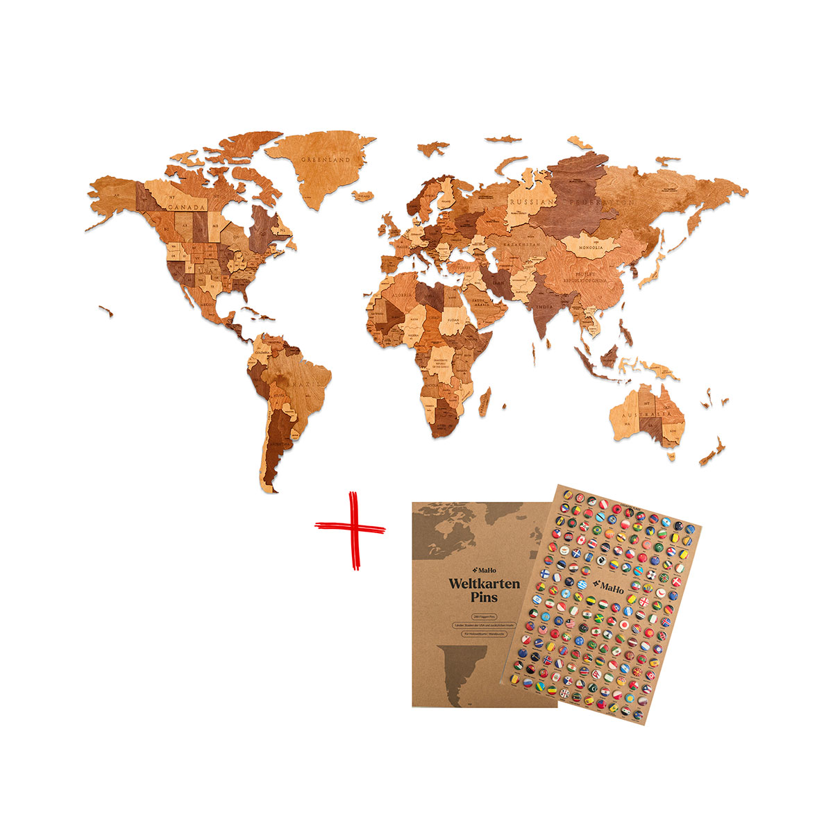 3D-Holzpuzzle, Set Weltkarte M + Flaggen-Pins