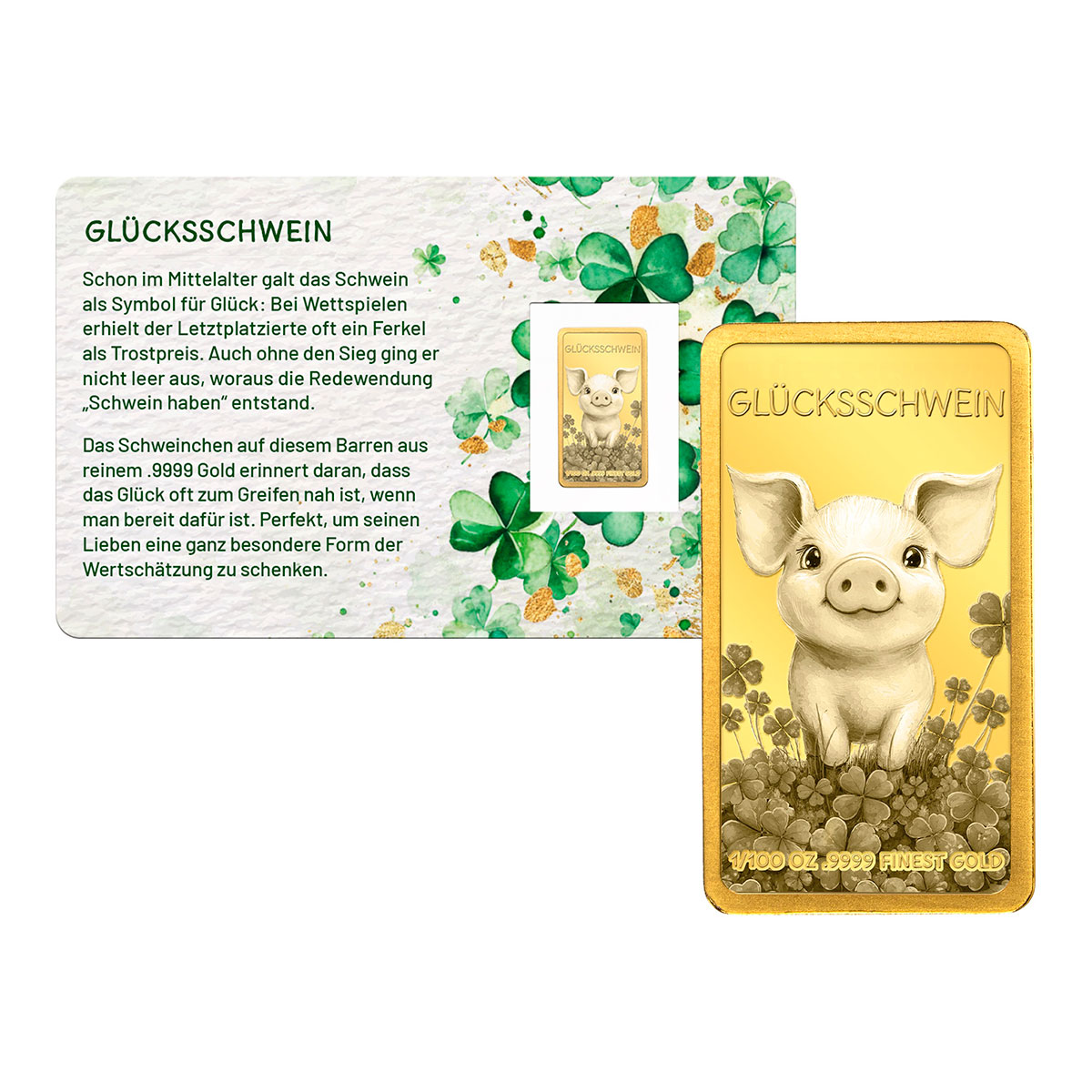 Goldbarren „Glücksschwein“ in Geschenkkarte mit Schleife