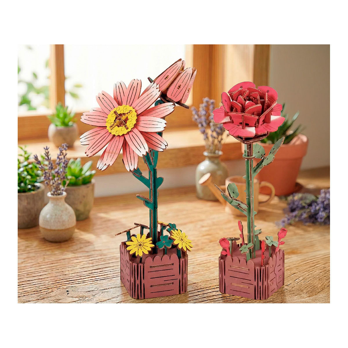  3 D Holzpuzzle - 2er Set Blume, Rose + Gänseblümchen