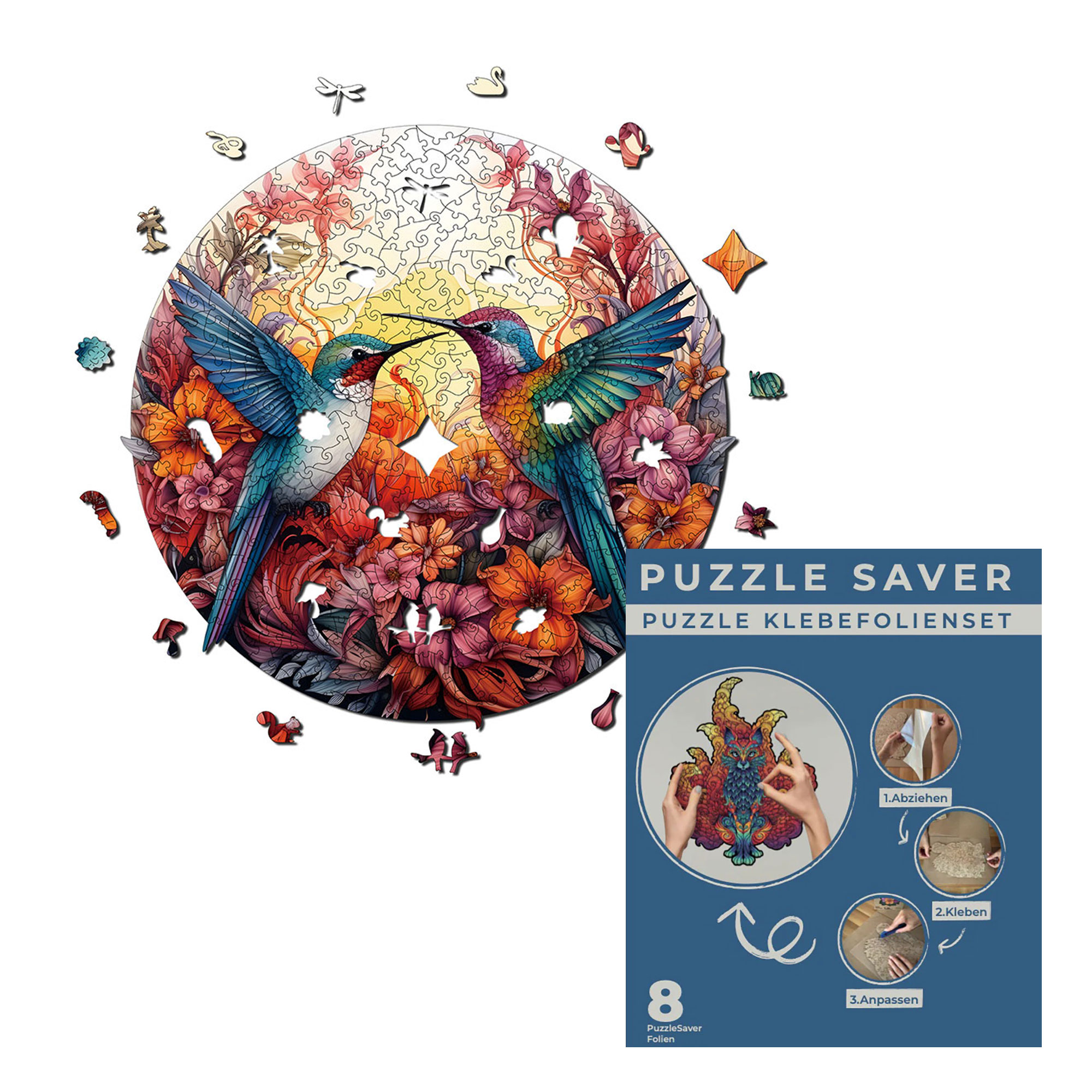 2D-Holzpuzzle, Fröhliche Kolibris inkl. Puzzle Saver