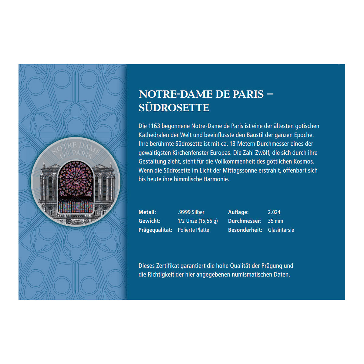 Silbermedaille Windows of Heaven Frankreich - Notre Dame
