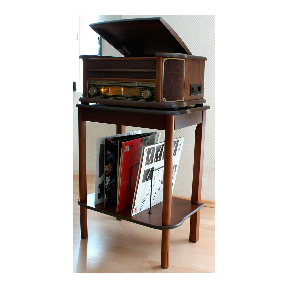 Nostalgie Untertisch aus Holz mit Schallplattenablage