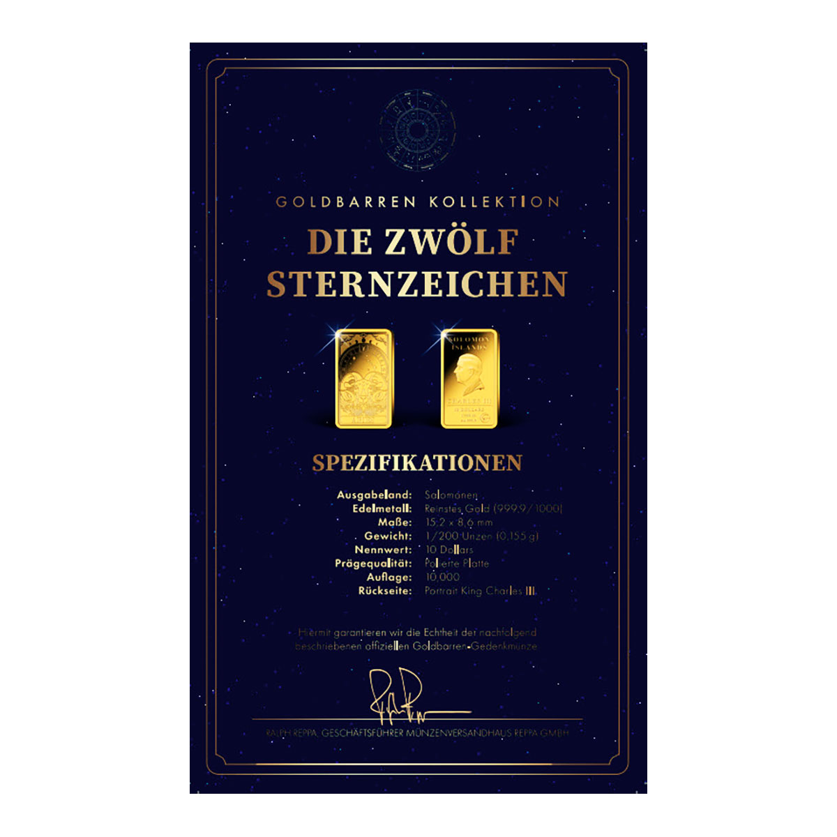 Goldbarren Sternzeichen Widder mit Zertifikat
