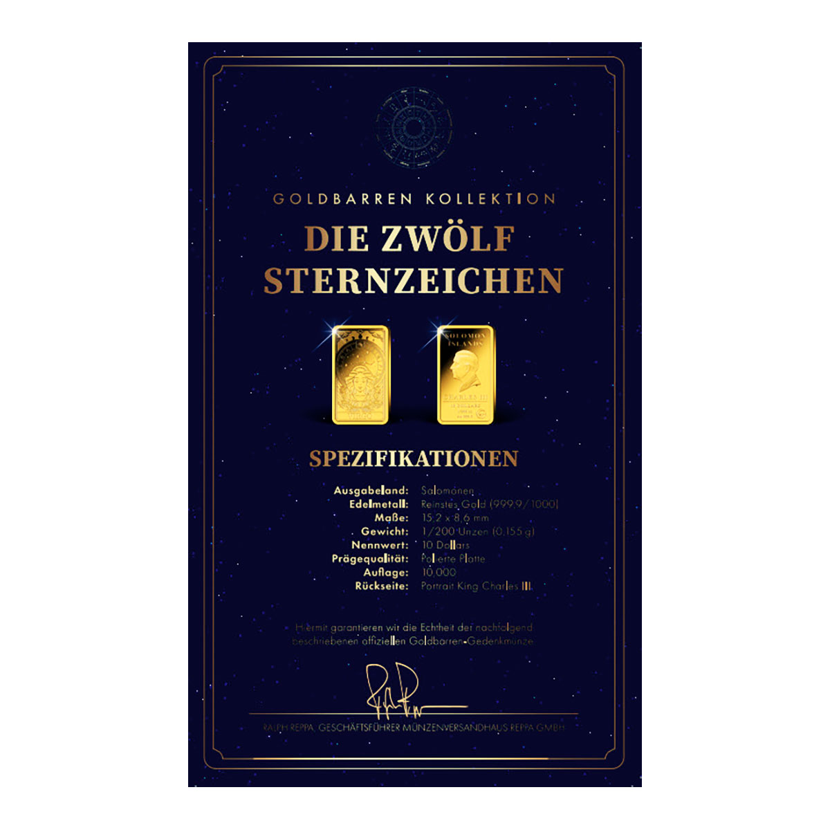 Goldbarren Sternzeichen Jungfrau mit Zertifikat