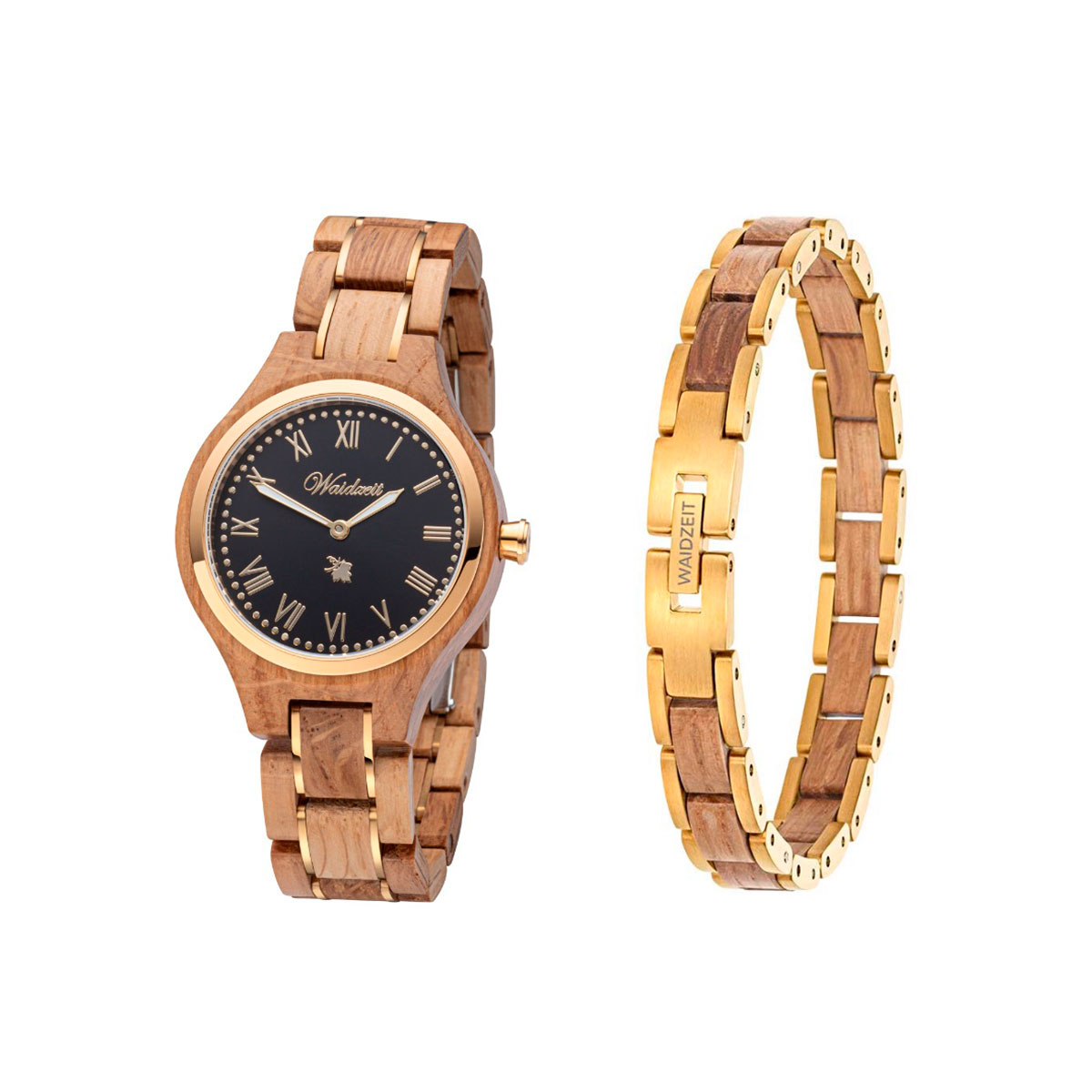 Set: Damenuhr Weinprinzessin Noir + Elementararmband Damen Barrique Gold