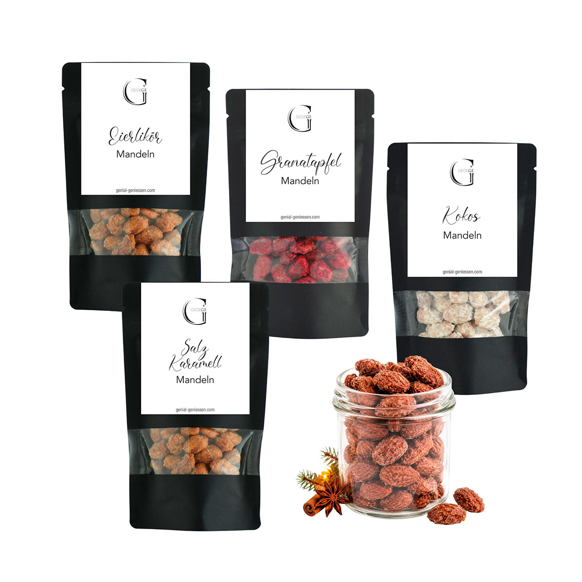 „Winterzauber Mandel-4er Set“ (Granatapfel, Kokos, Eierlikör, Salz-Karamell)