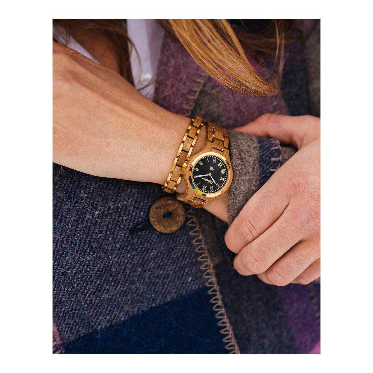 Set: Damenuhr Weinprinzessin Noir + Elementararmband Damen Barrique Gold
