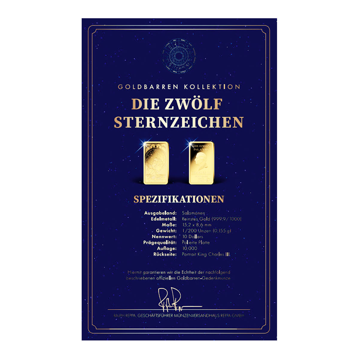 Goldbarren Sternzeichen mit Zertifikat