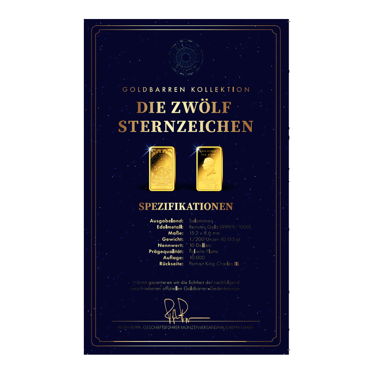 Goldbarren Sternzeichen Waage mit Zertifikat
