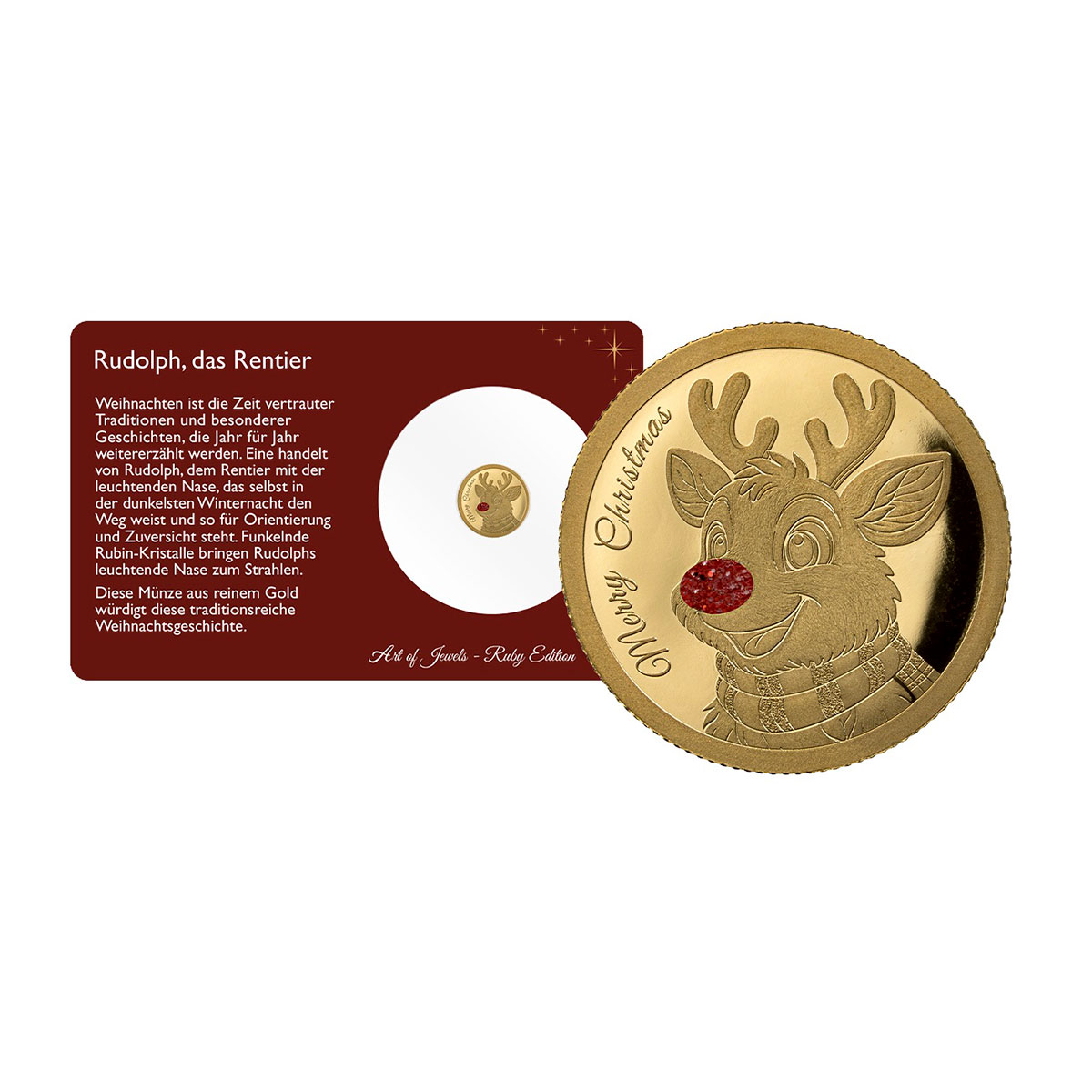 Weihnachtsgoldmünze Rudolph mit Rubinstaub